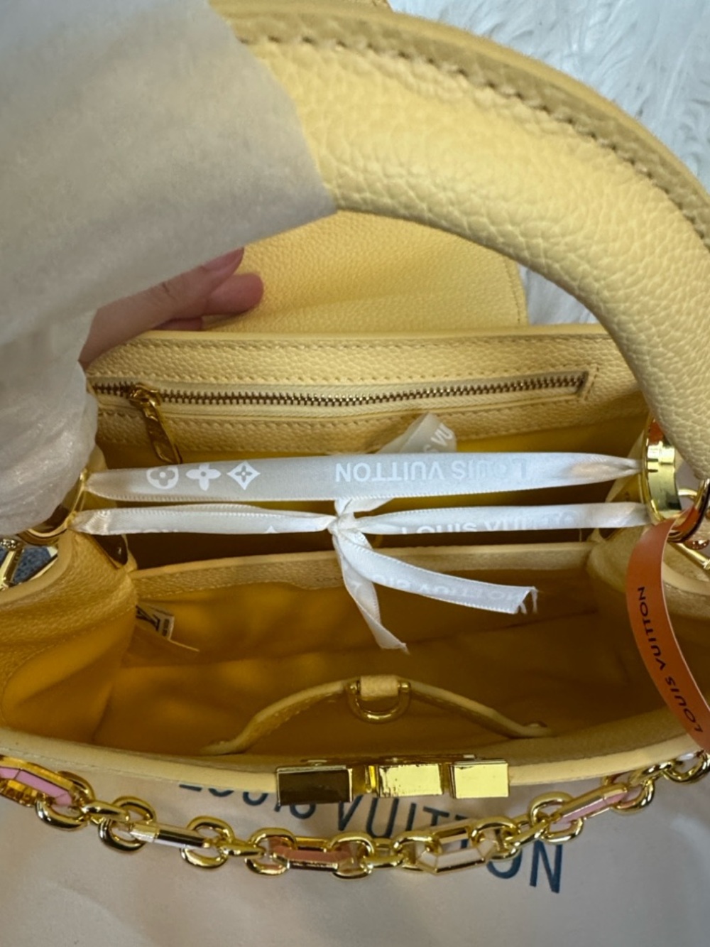 Bag yellow top Handle Satchel with Pink Chain Accents - Picture 6 of 14